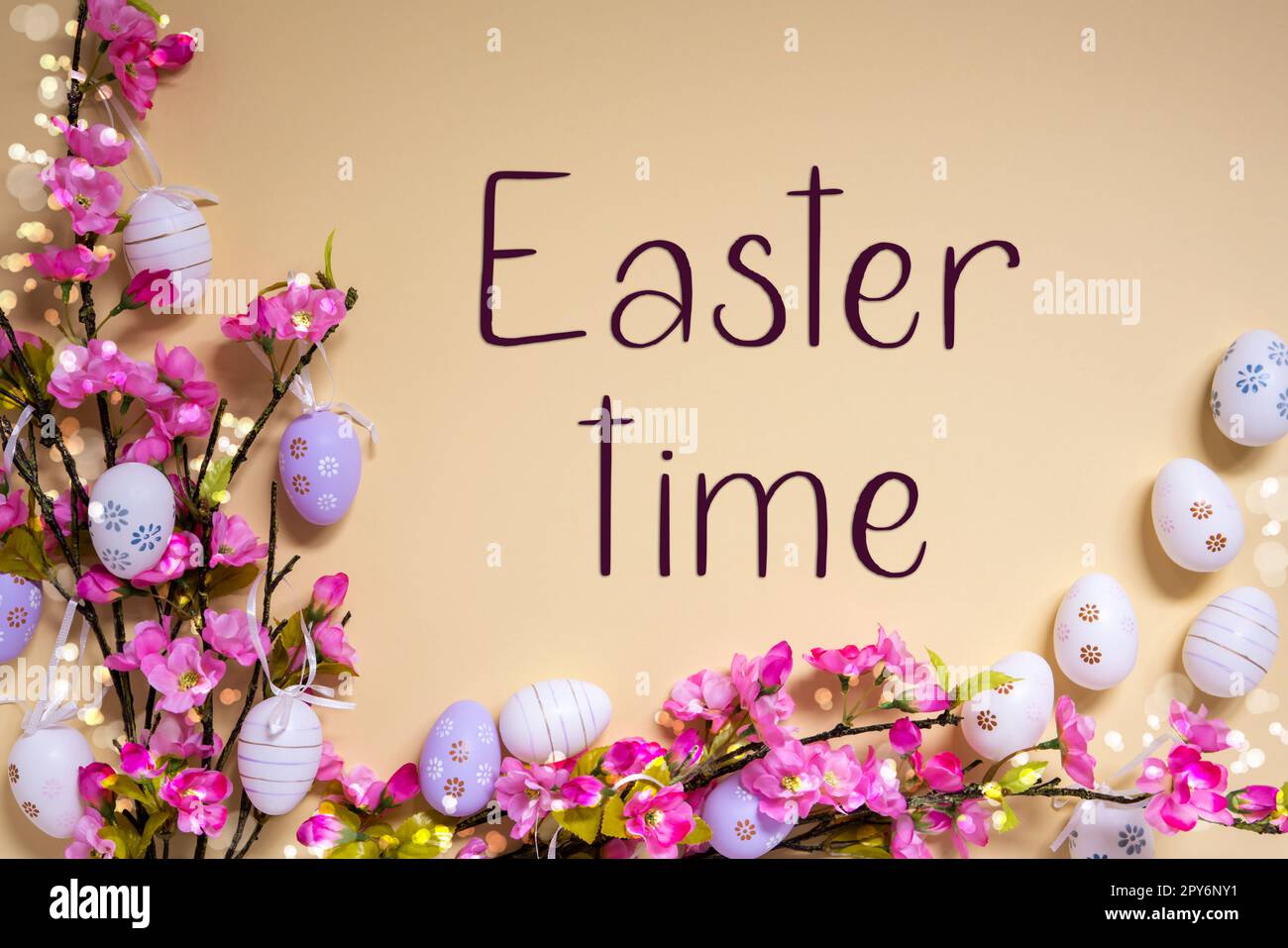 Pink Spring Flower Arrangement, Easter Decoration, English Text Easter Time Stock Photo