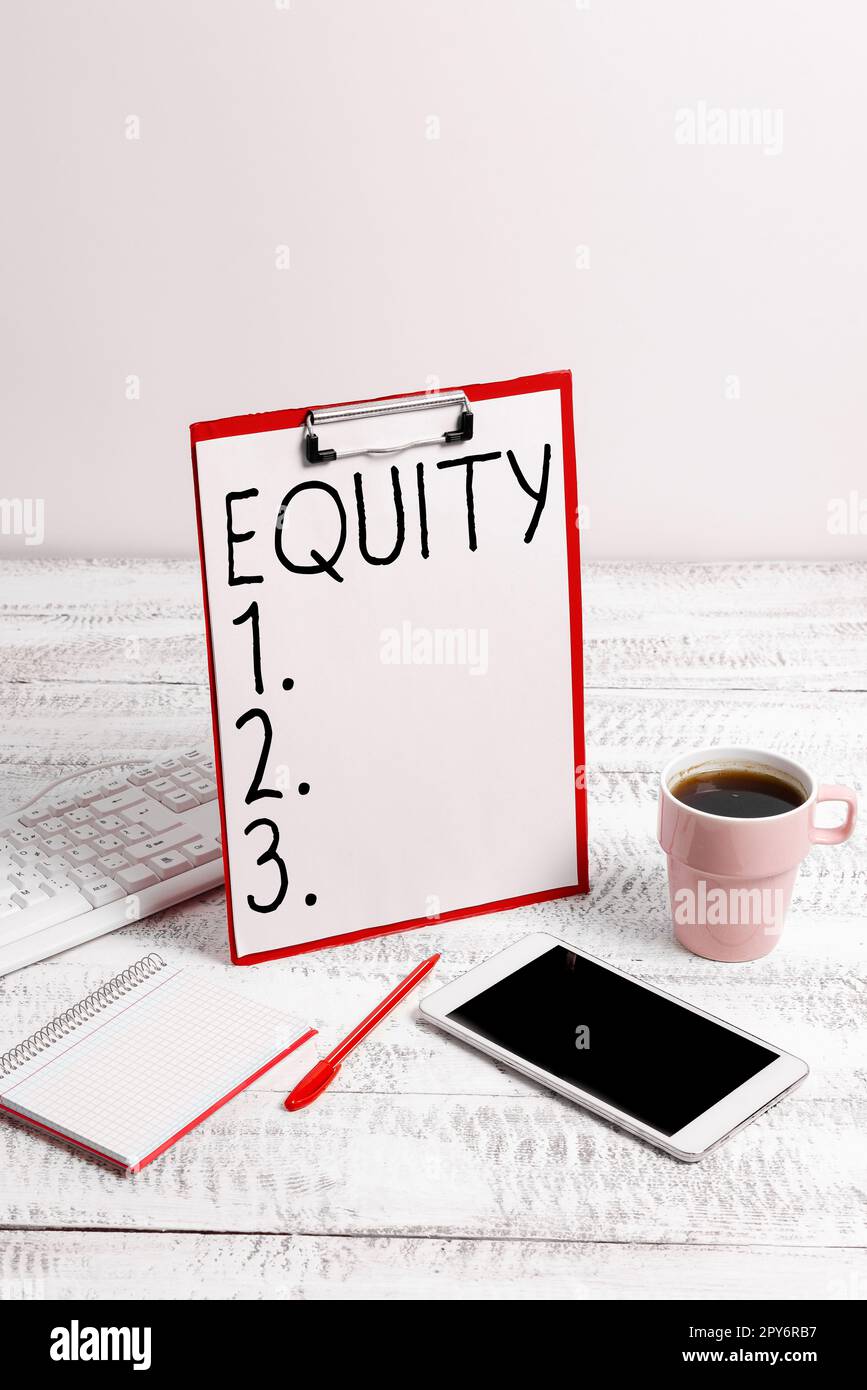Conceptual caption Equity. Business concept quality of being fair and impartial race free One hand Unity Stock Photo