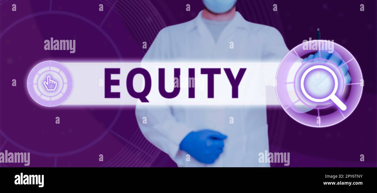 Text showing inspiration Equity. Business showcase quality of being fair and impartial race free One hand Unity Stock Photo