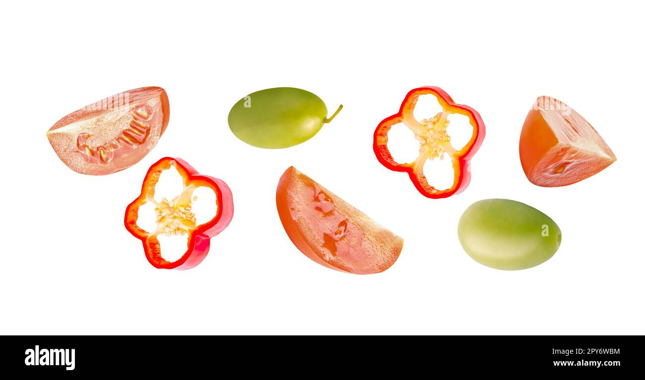 Top view of raw cut vegetables isolated on white background Stock Photo ...