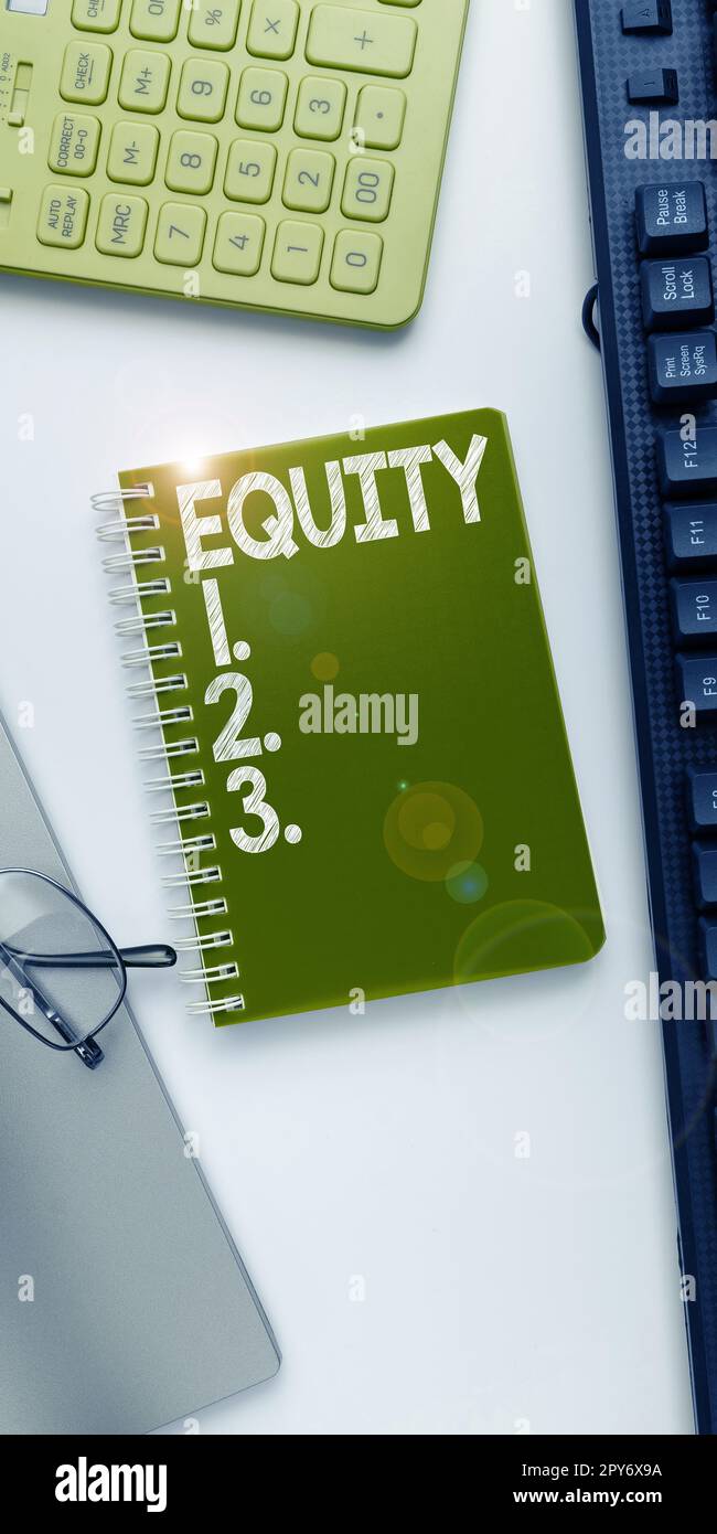 Sign displaying Equity. Conceptual photo quality of being fair and impartial race free One hand Unity Stock Photo