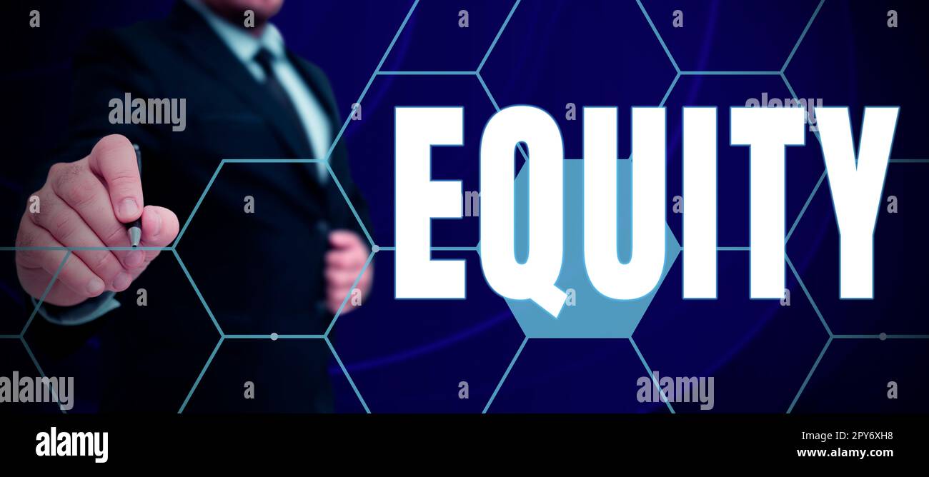 Text sign showing Equity. Word for quality of being fair and impartial race free One hand Unity Stock Photo