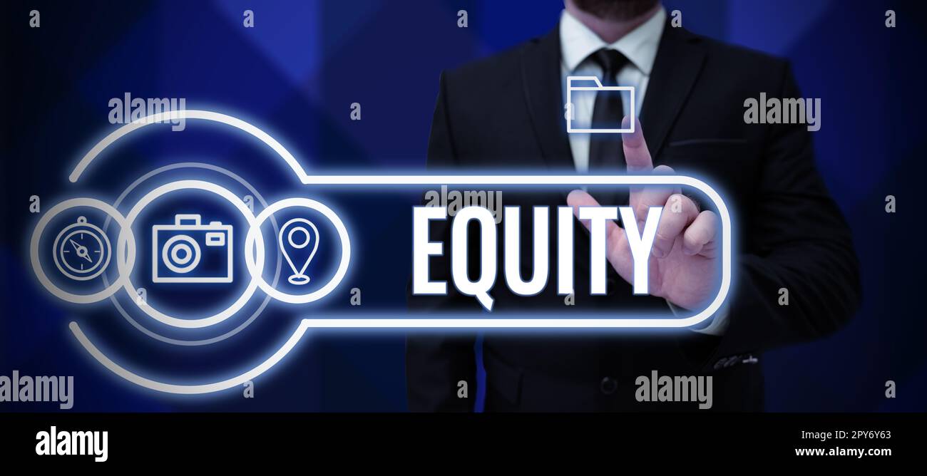 Hand writing sign Equity. Business overview quality of being fair and impartial race free One hand Unity Stock Photo