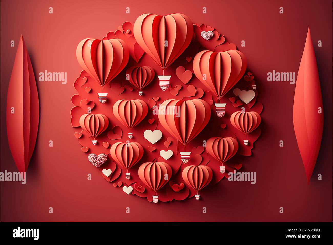 Paper art of group of red balloons combine to heart shape with doodles ...