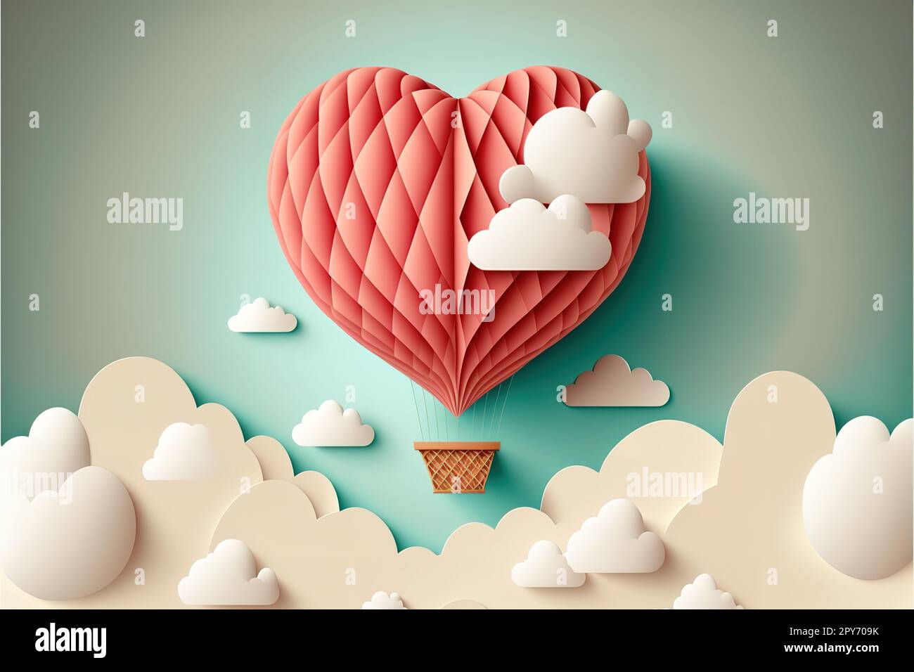 Love or Valentine's day background with heart shaped hot air balloon ...