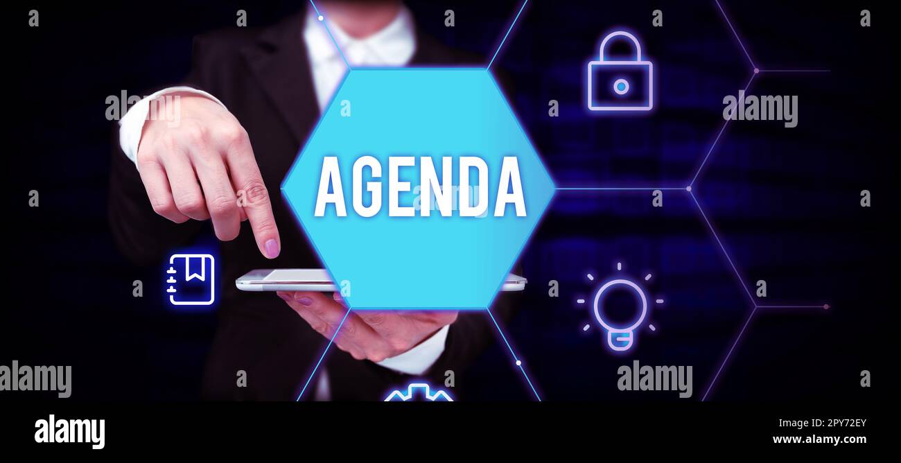 Text sign showing Agenda. Word for To do list of items be discussed at formal important meeting Stock Photo