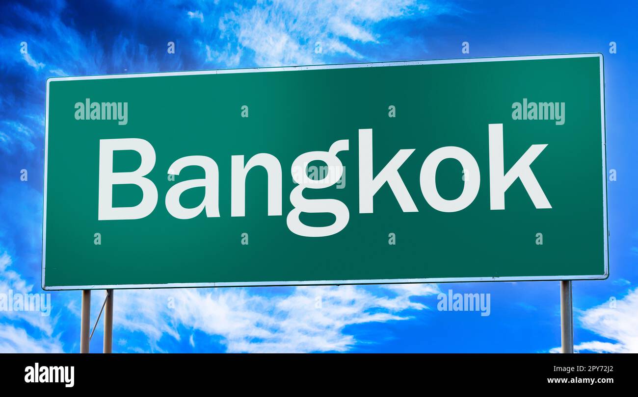 Road sign informing of the entrance to the city of Bangkok Stock Photo