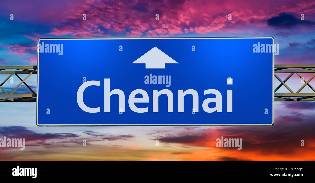 Road sign indicating direction to the city of Chennai Stock Photo - Alamy