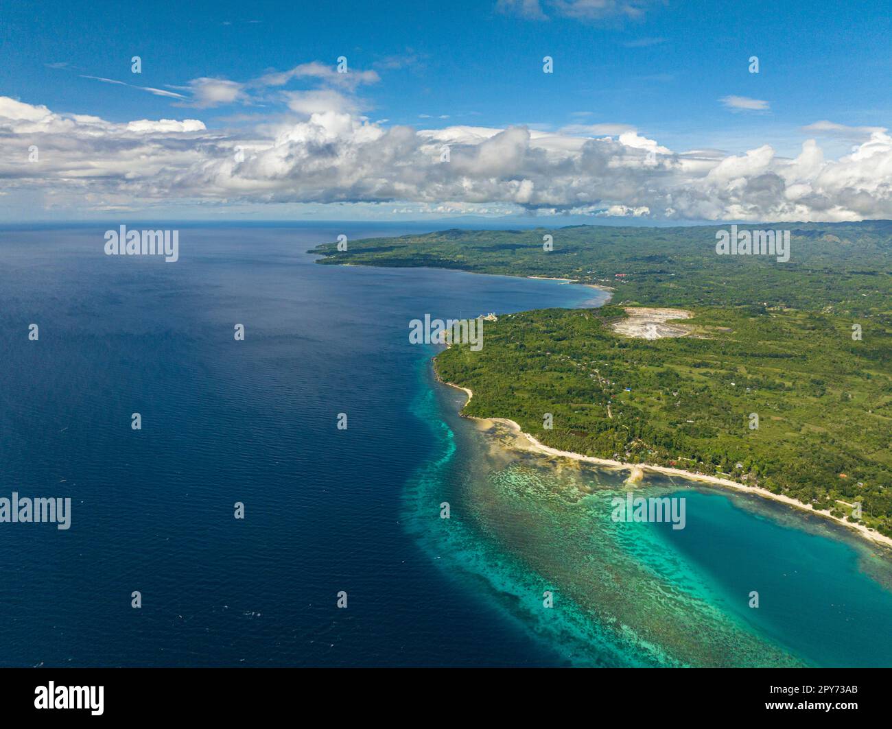 Beautiful blue ocean and green trees in aerial view. Siquijor, Philippines. Stock Photo