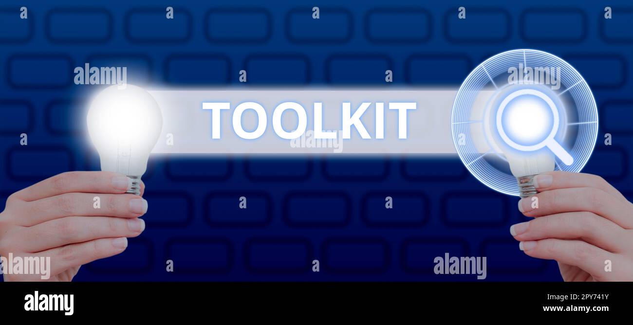 Tool Kit Set Sign Hand writing sign Toolkit. Business idea set of tools kept in a bag or ...