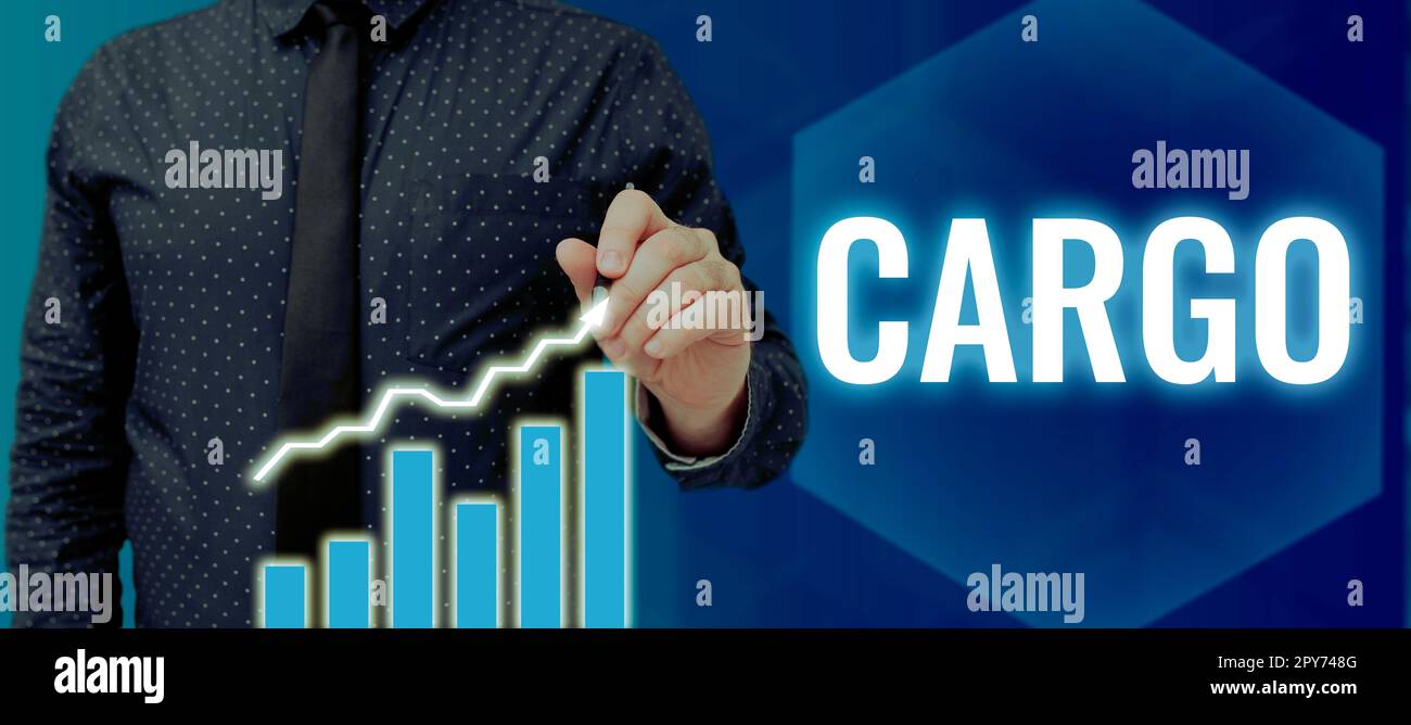 Conceptual caption Cargo. Business approach The goods Merchandise conveyed in a ship airplane and vehicle Stock Photo