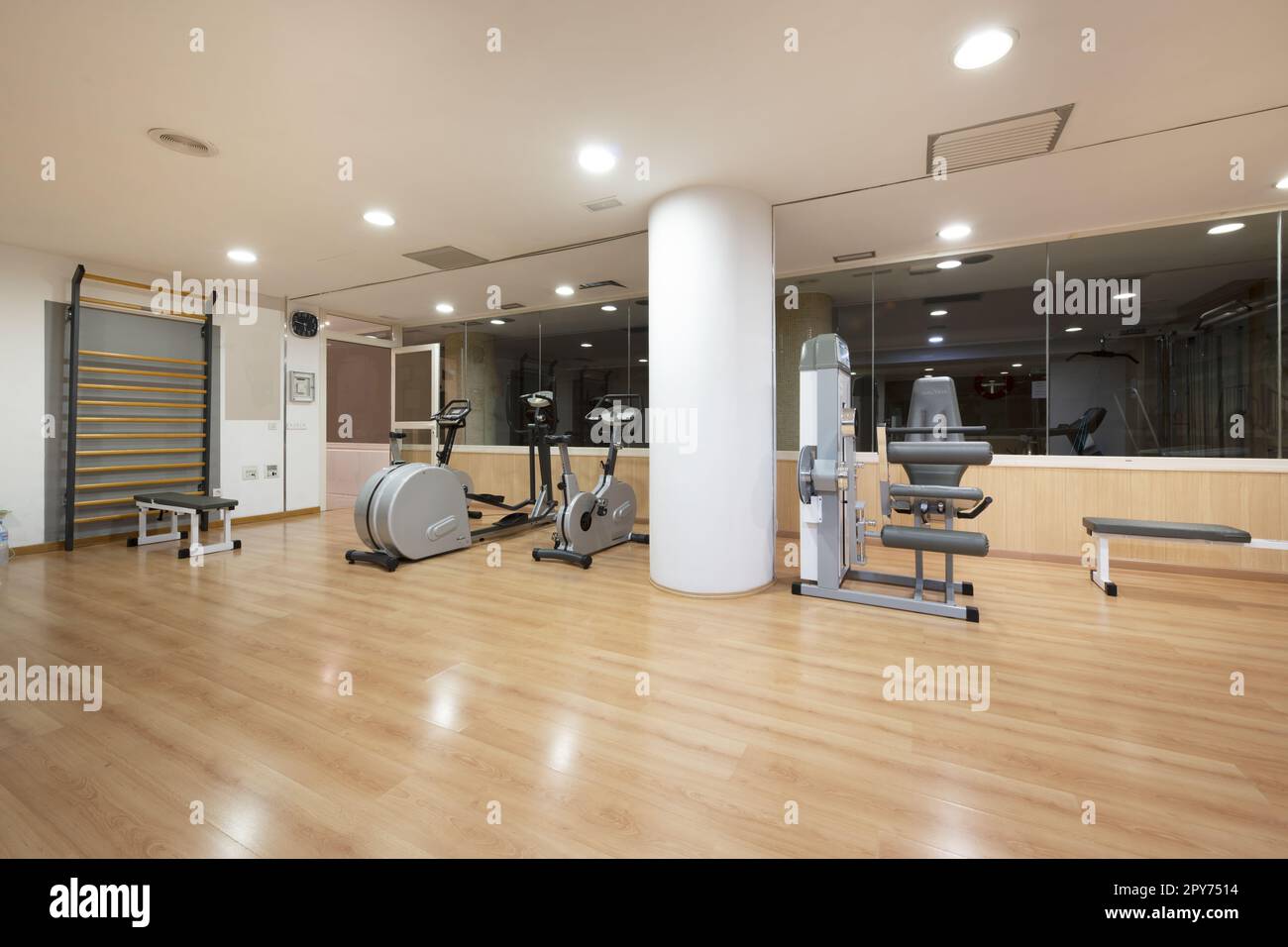 A gym with cardio equipment in the basement of an urban apartment