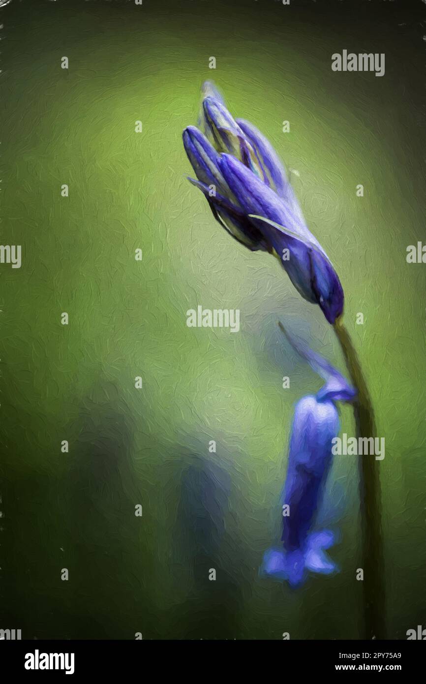 A digital oil painting of purple bluebell flowers in a magical