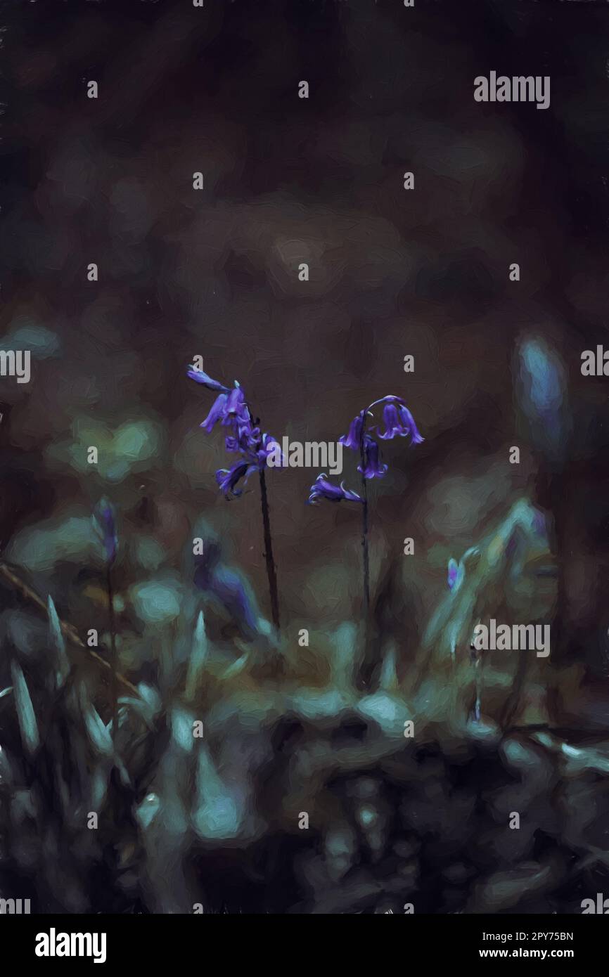 A digital oil painting of purple bluebell flowers in a magical