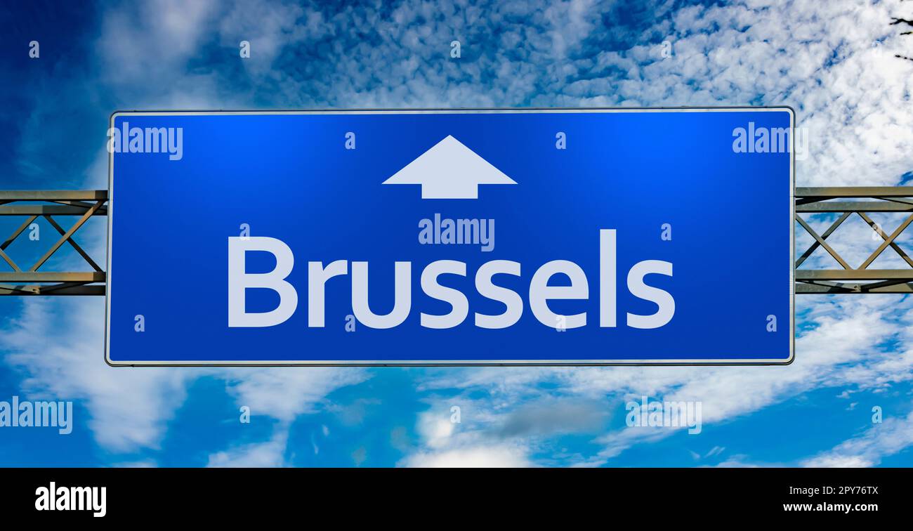 Road sign indicating direction to the city of Brussels Stock Photo
