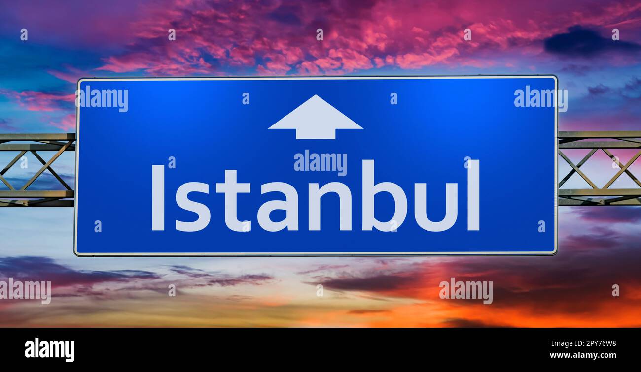 Road sign indicating direction to the city of Istanbul Stock Photo