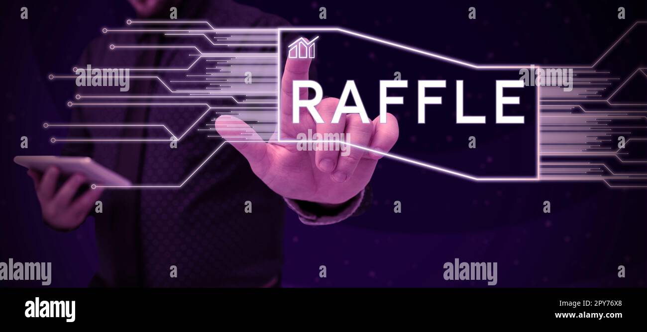 Text sign showing Raffle. Business showcase means of raising money by selling numbered tickets offer as prize Stock Photo