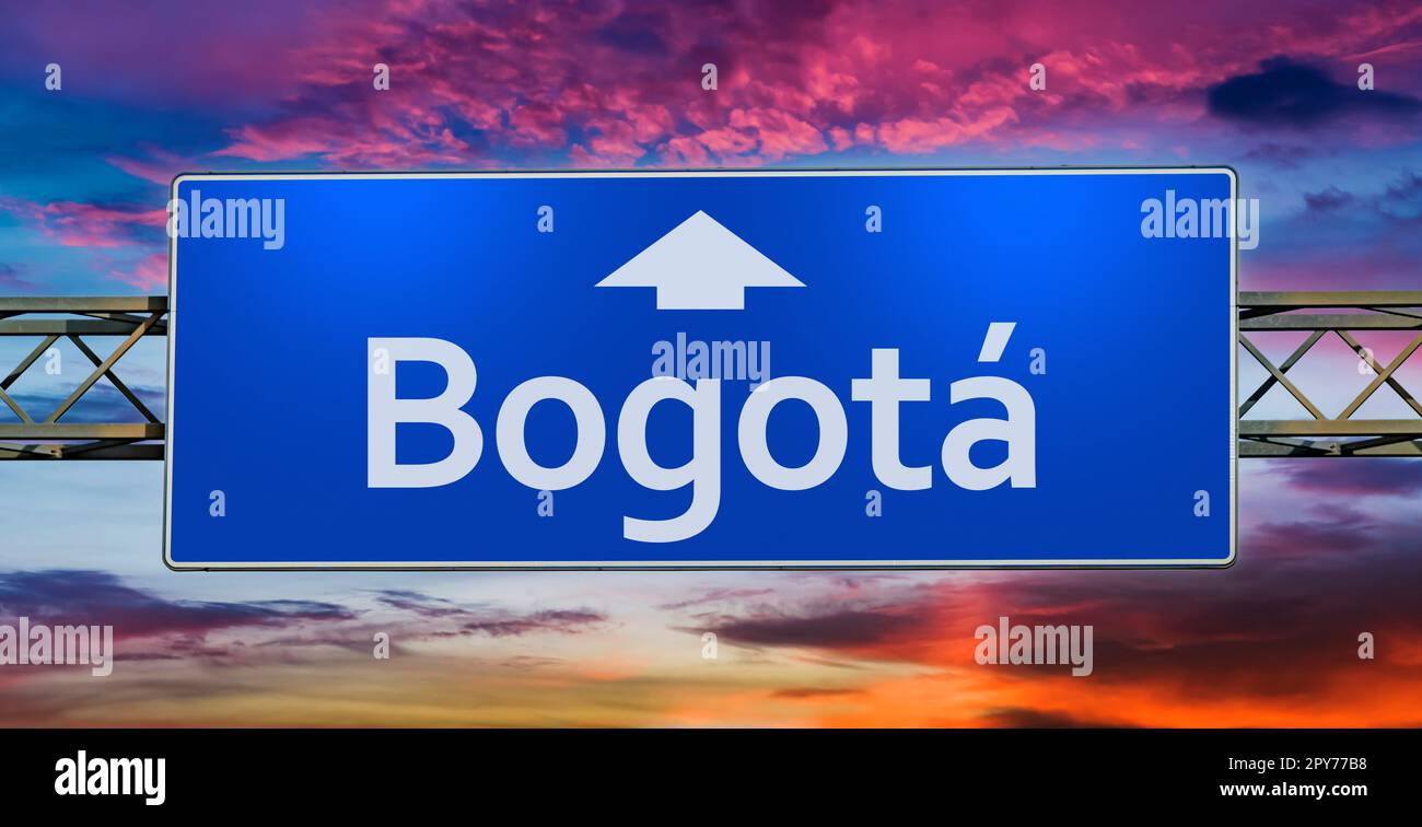 Road sign indicating direction to the city of Bogota Stock Photo
