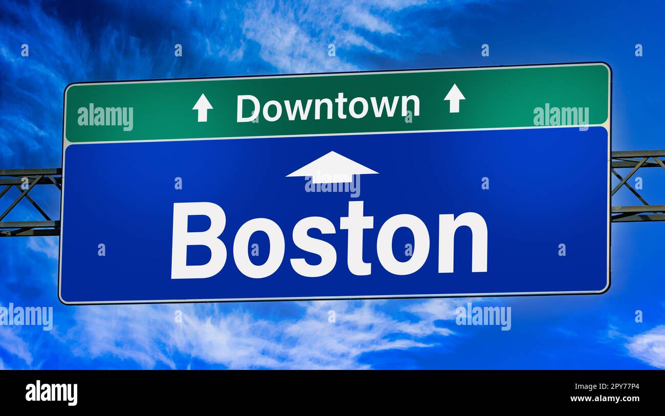 Road sign indicating direction to the city of Boston Stock Photo