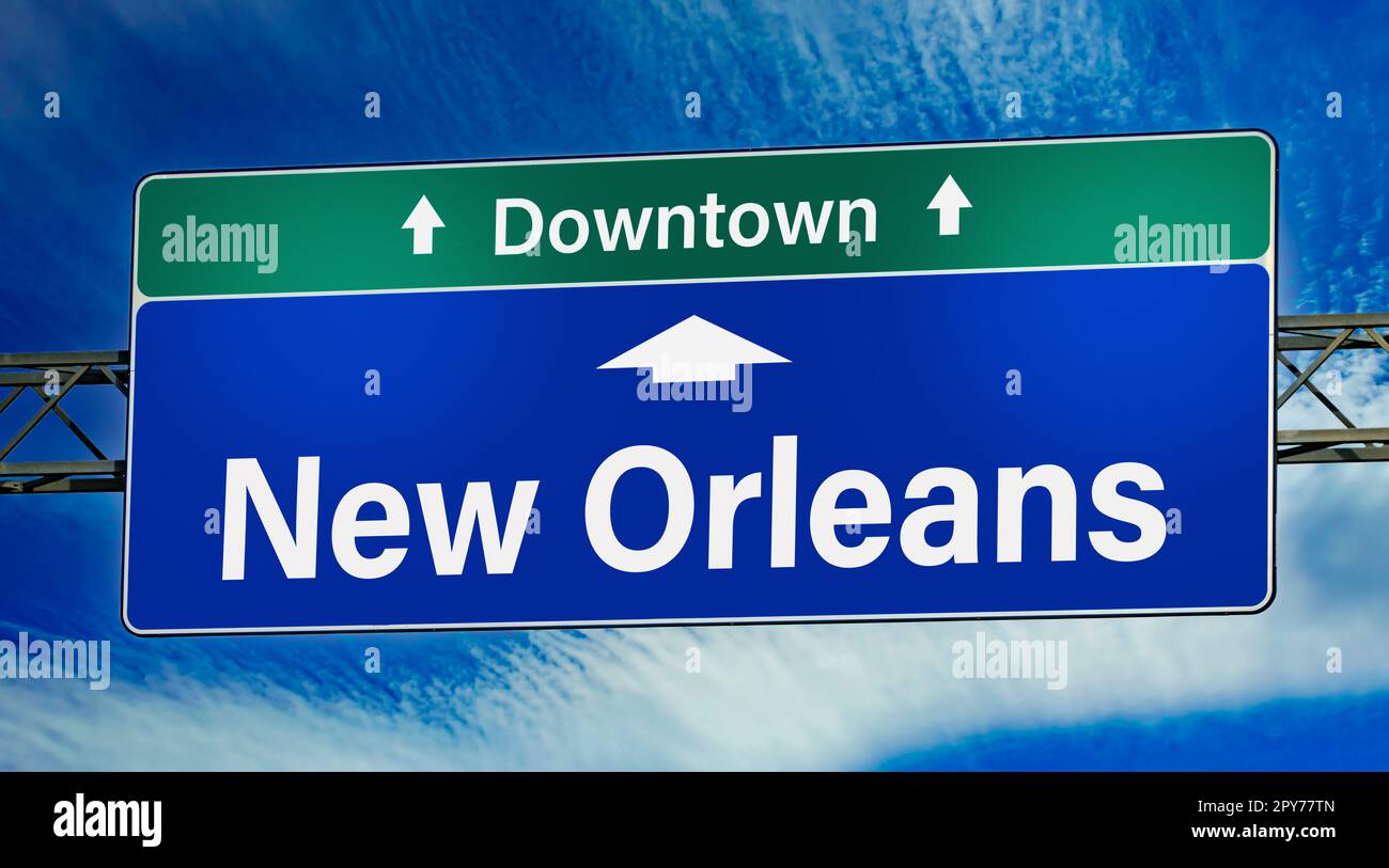 Road sign indicating direction to the city of New Orleans Stock Photo