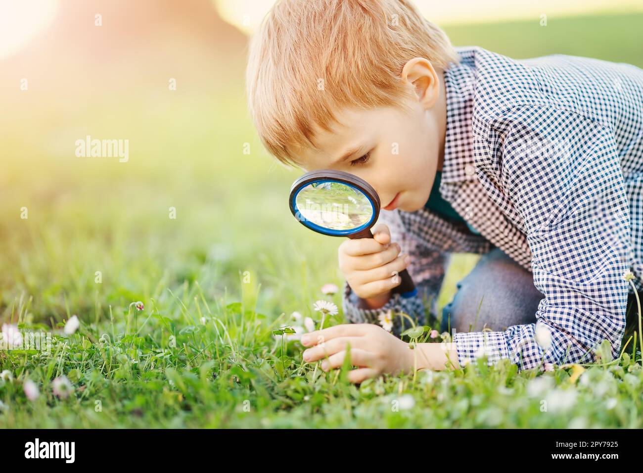 Boy with magnifying glass exploring the nature. Stock Photo