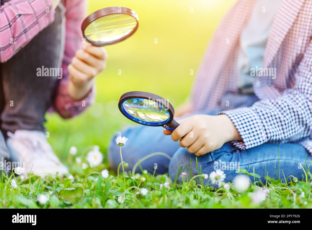Children exploring fresh nature by using magnifying glasses. Stock Photo