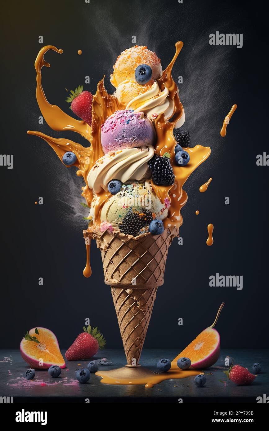 Stack of several ice cream scoops and cones against black background . AI generated Illustration