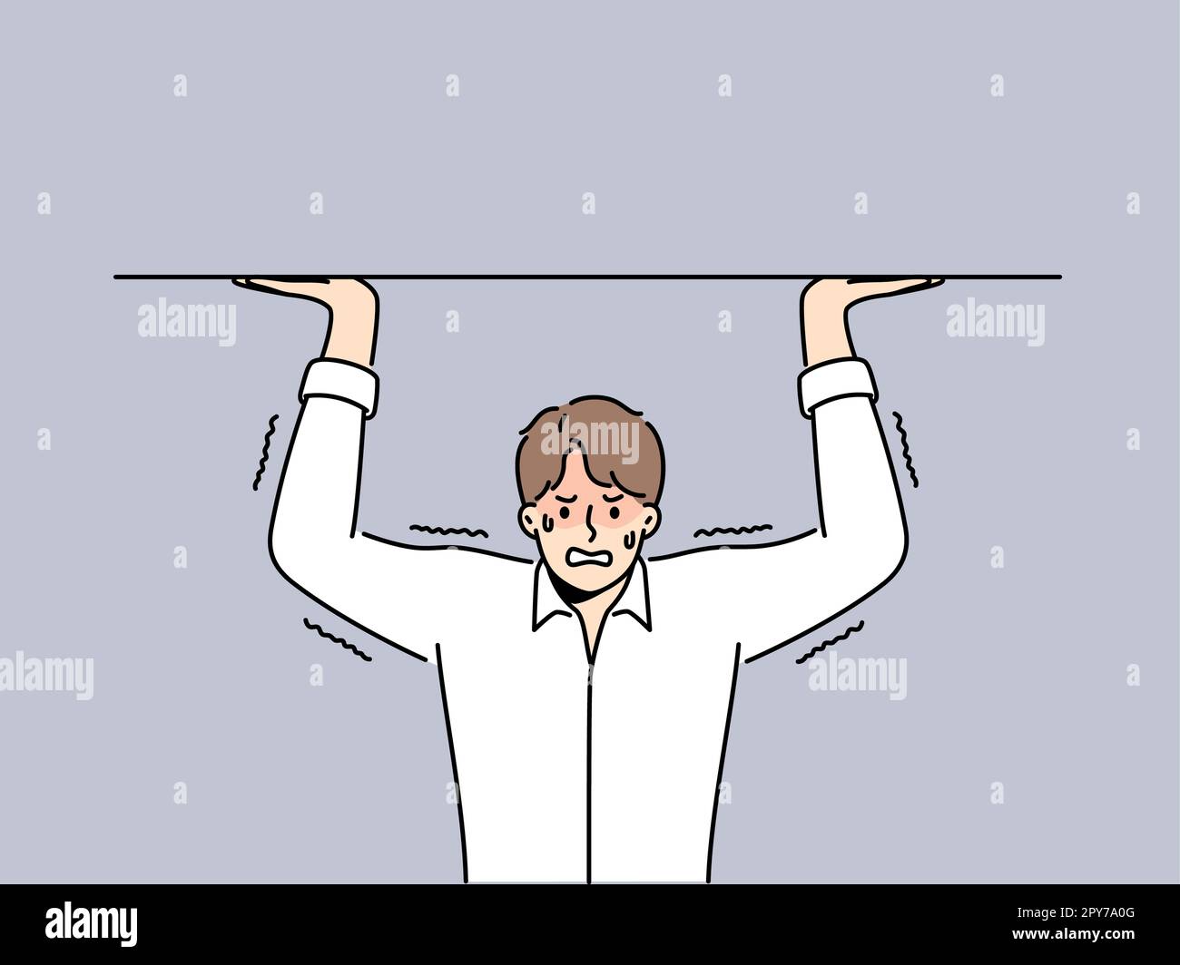 Stressed man holding heavy burden on hands. Distressed businessman