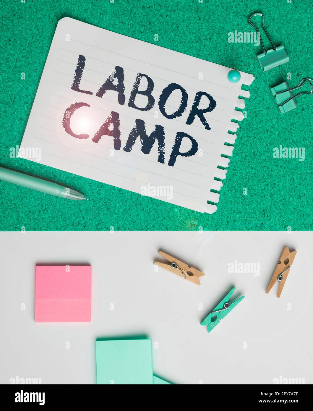 Conceptual caption Labor Camp. Internet Concept a penal colony where forced labor is performed Stock Photo