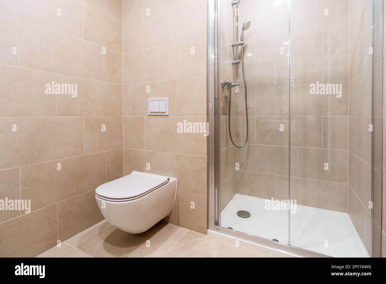 bathroom with toilet and shower in a new apartment Stock Photo