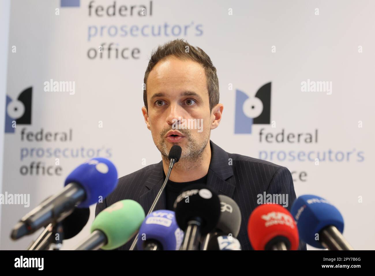 Public prosecutor Antoon Schotsaert pictured at a press conference, in Brussels, regarding a large-scale European operation which took place across several countries earlier this morning, Wednesday 03 May 2023. It concerns a file opened by the Belgian Federal Prosecutor's Office, in collaboration with the Limburg Prosecutor's Office, the Federal Judicial Police, Eurojust, Europol and various countries, in particular Italy. This operation targeted more than a hundred suspected members of the Calabrian mafia. More than 20 searches were carried out in Belgium. BELGA PHOTO BENOIT DOPPAGNE Stock Photo
