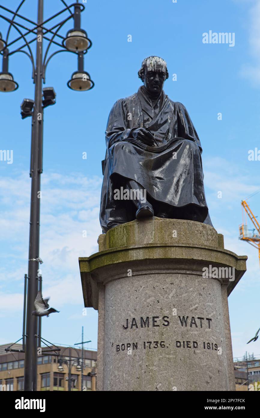 Statue of Scottish inventor and engineer James Watt in George Square, Glasgow. His family traded in slaves and this has tarnished his reputation in re Stock Photo