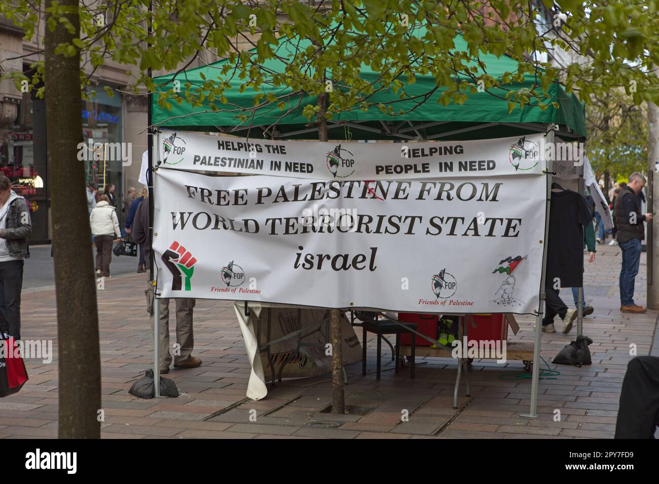 A stand in Glasgow showing "Free Palestine From World Terrorist State