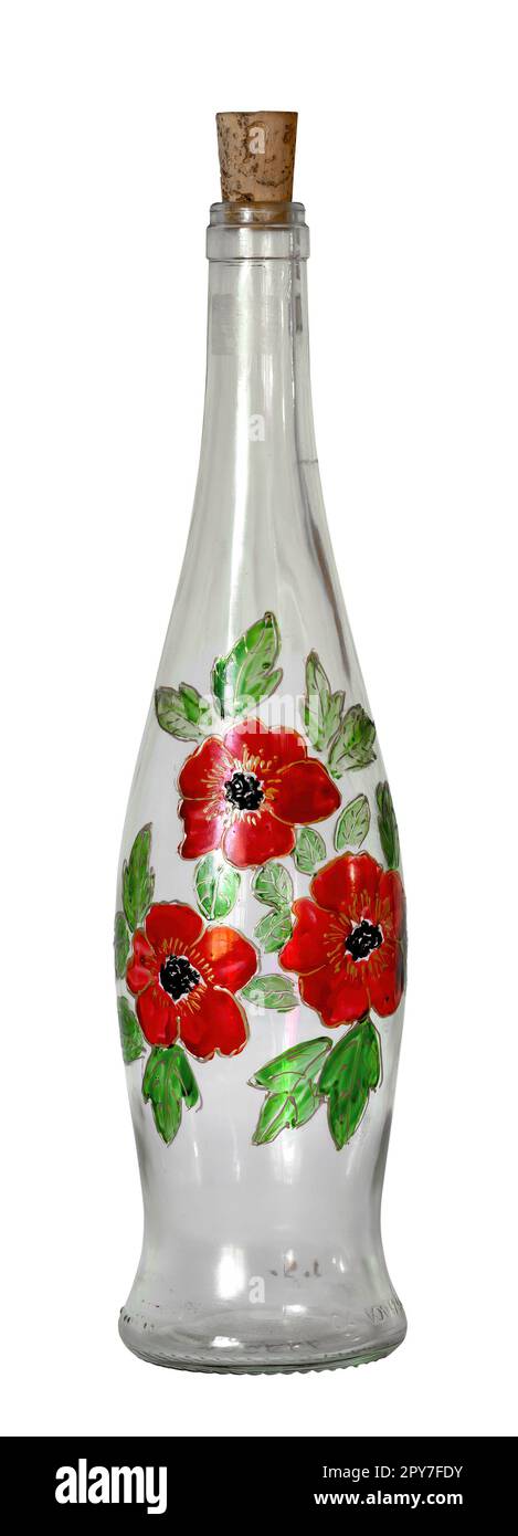 French glass bottle of Provencal style decorated with red poppies, isolated on white background Stock Photo