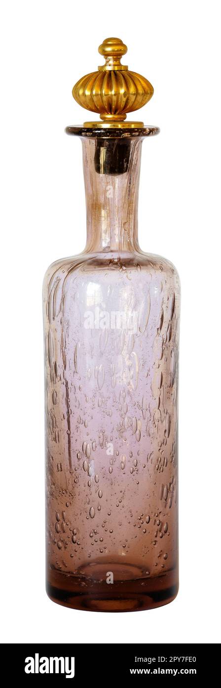 French bottle in pink bubble glass with a large decorative gold stopper isolated on a white background Stock Photo