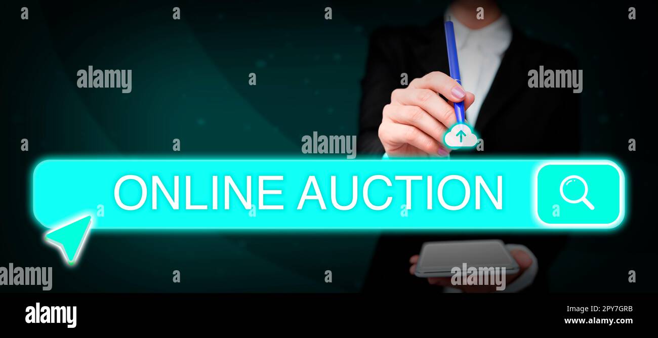 Writing displaying text Online Auction. Concept meaning process of buying and selling goods or services online Stock Photo