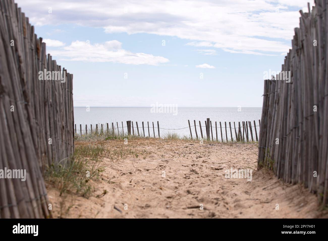 Entrance to the beach with wooden fence, view on the sea and horizon. Footpath to empty beach.  Beach holidays background. Stock Photo