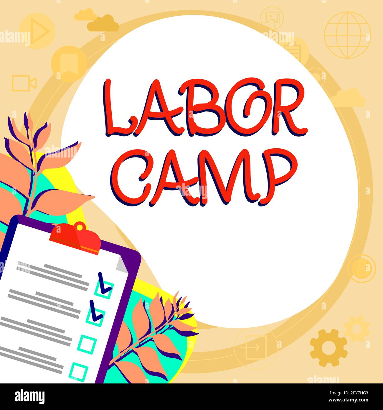 Conceptual caption Labor Camp. Word Written on a penal colony where forced labor is performed Stock Photo