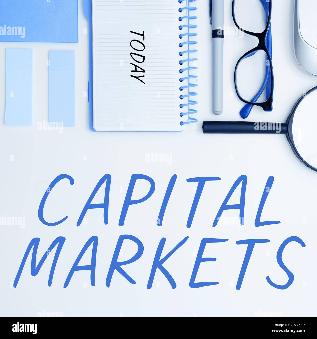 Writing displaying text Capital Markets. Word for Allow businesses to raise funds by providing market security Stock Photo