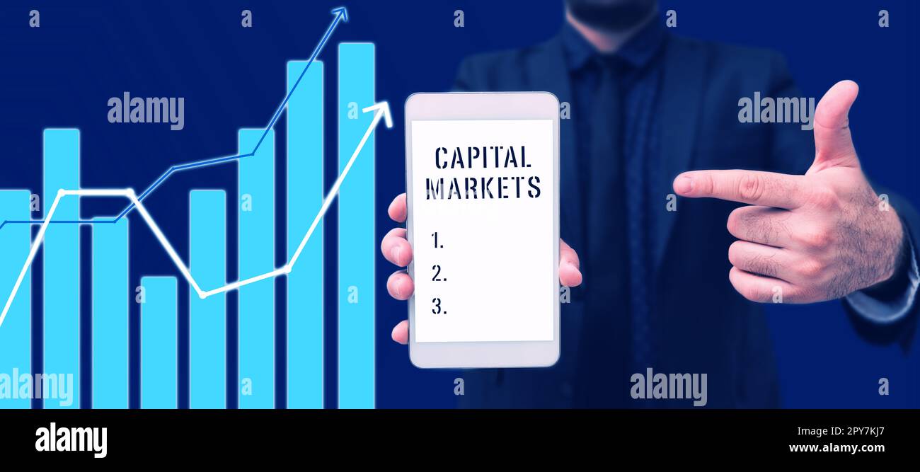 Text caption presenting Capital Markets. Word for Allow businesses to raise funds by providing market security Stock Photo