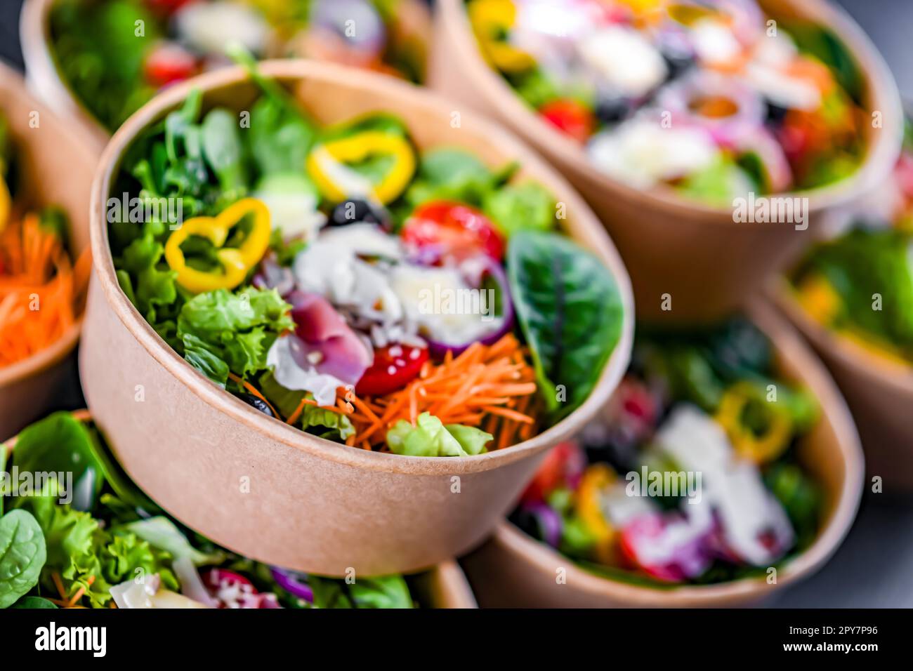 Paper boxes with pre-packaged vegetable salads ready for sale Stock ...