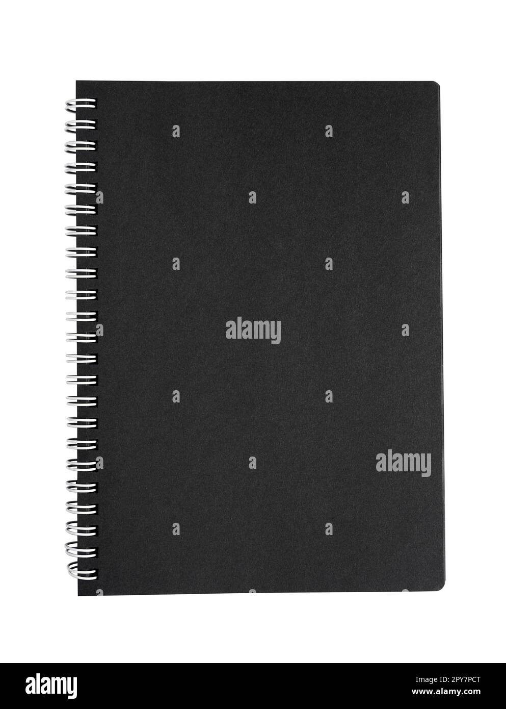 closed notebook cover with metal spiral and black blank pages isolated on white Stock Photo