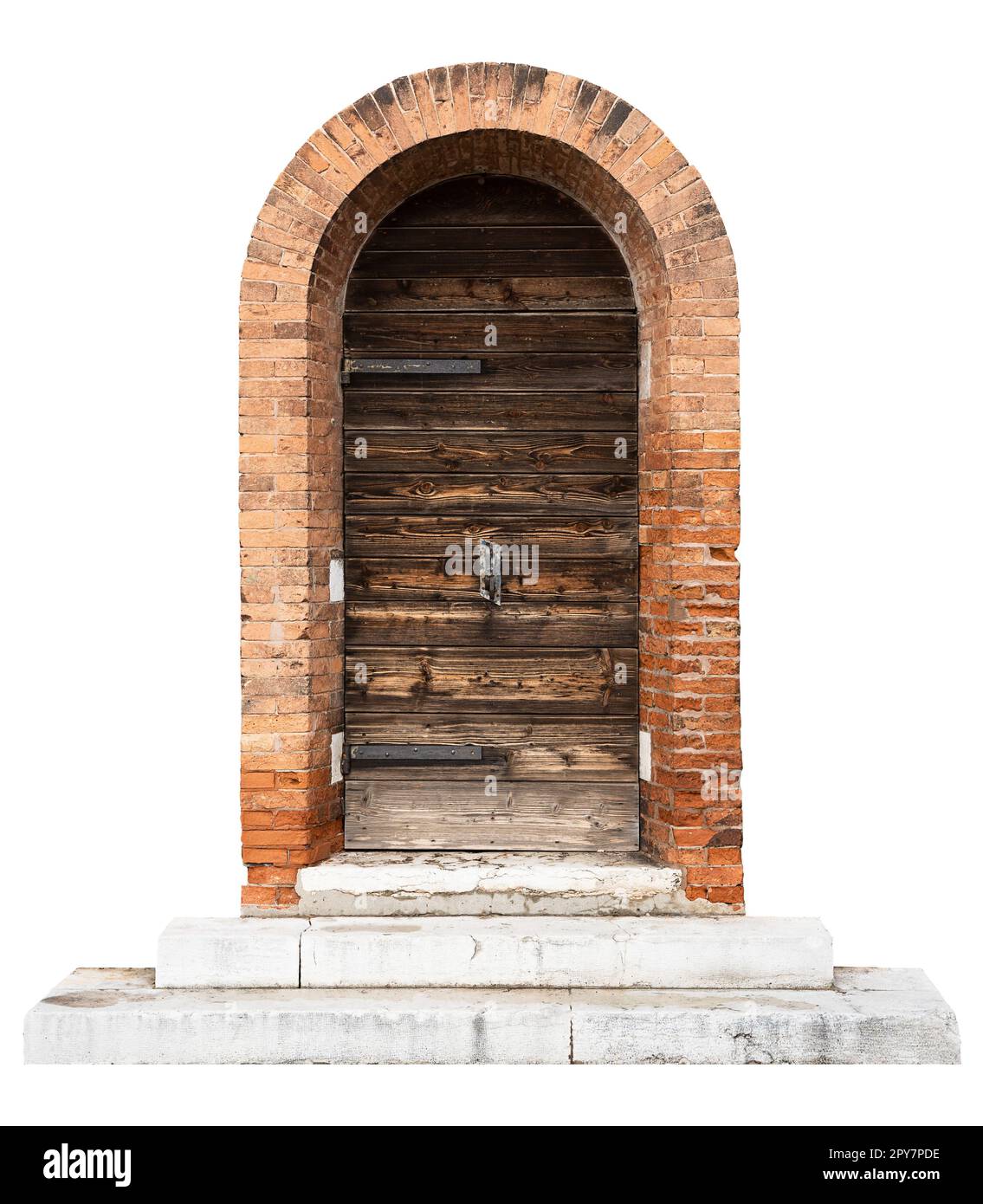vintage wooden doors with classic brick pattern archway and wide marble stone stairs isolated on white Stock Photo