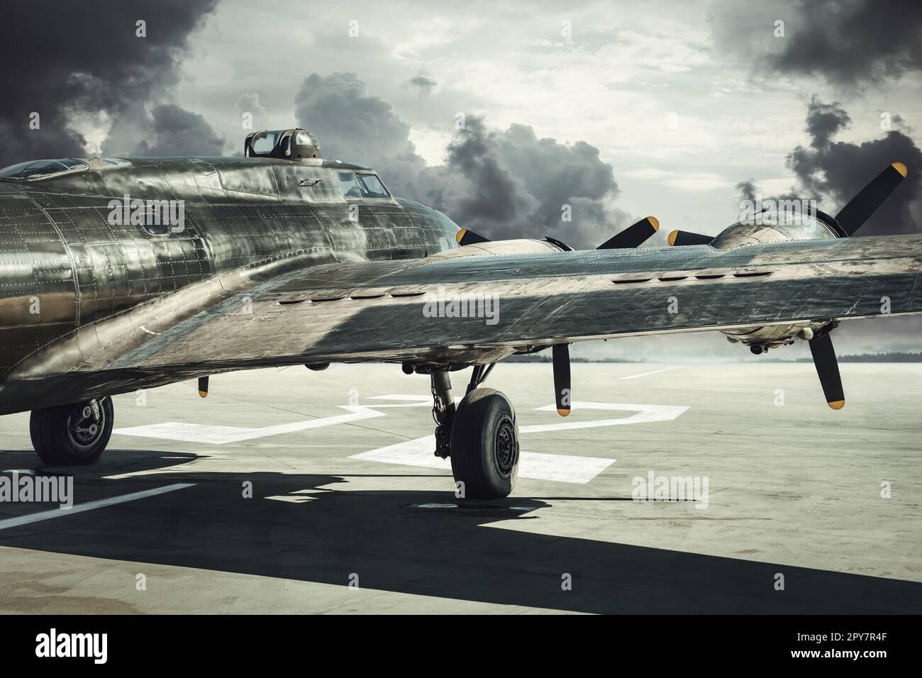 historical bomber on a runway ready for take off Stock Photo