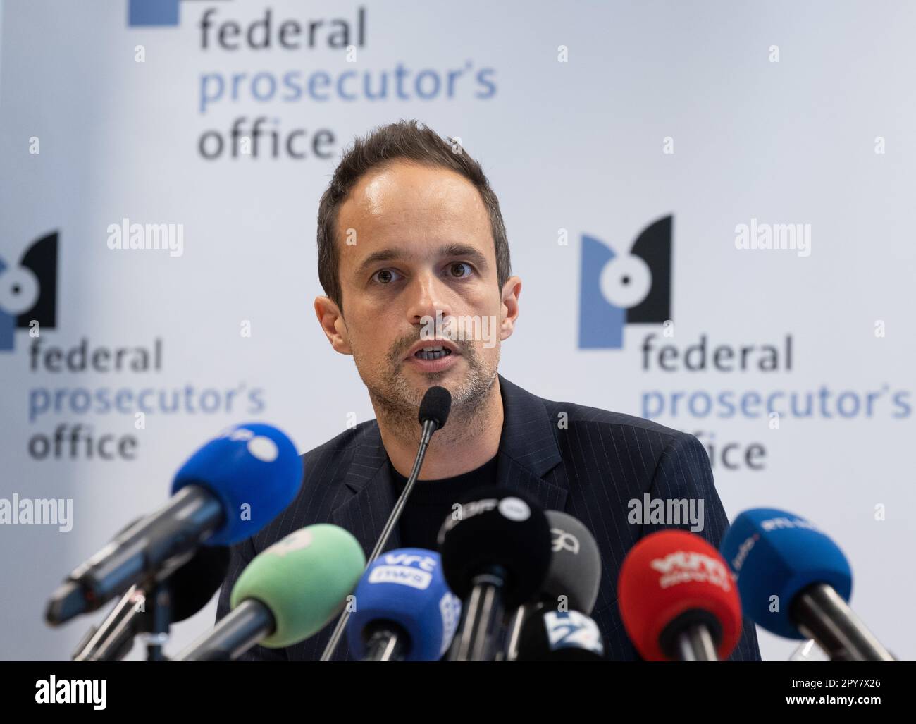 Federal magistrate Antoon Schotsaert pictured during a press conference, in Brussels, regarding a large-scale European operation which took place across several countries earlier this morning, Wednesday 03 May 2023. It concerns a file opened by the Belgian Federal Prosecutor's Office, in collaboration with the Limburg Prosecutor's Office, the Federal Judicial Police, Eurojust, Europol and various countries, in particular Italy. This operation targeted more than a hundred suspected members of the Calabrian mafia. More than 20 searches were carried out in Belgium. BELGA PHOTO BENOIT DOPPAGNE Stock Photo