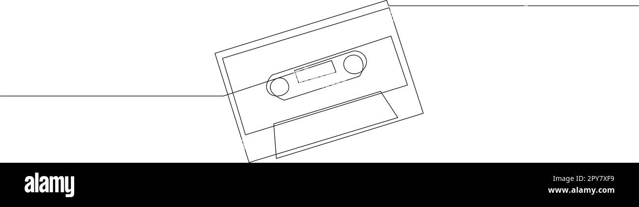 Continuous line drawing of retro compact tape cassette. Vintage music icon audio cassette tape in doodle style. Vector illustration Stock Vector