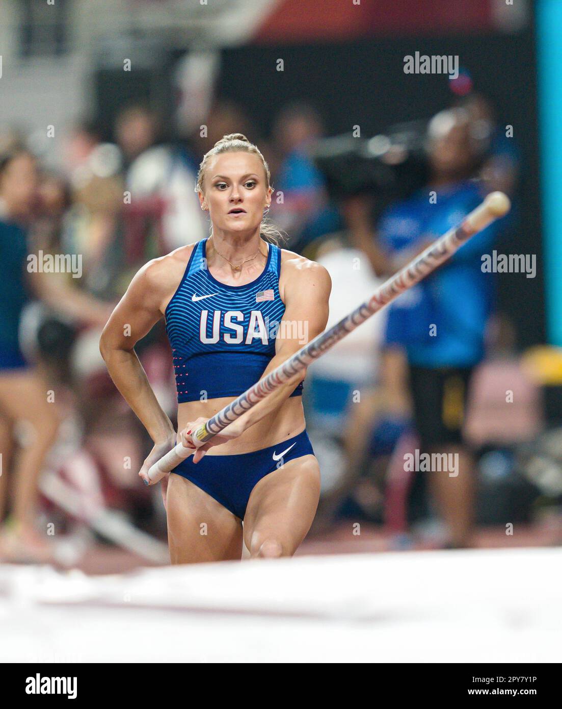 Katie Nageotte participating in the pole vault at the Doha 2019 World
