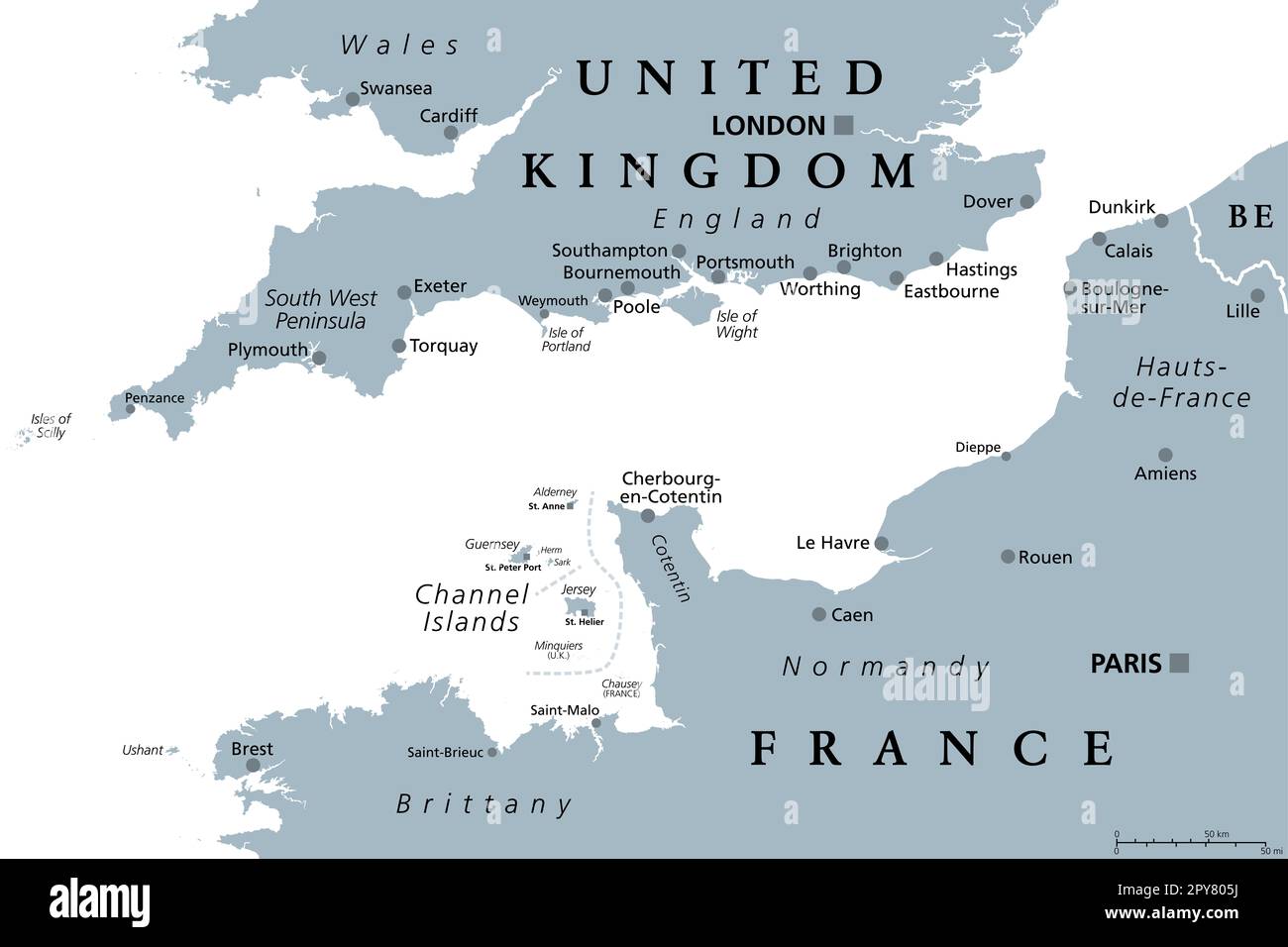 English Channel, gray political map. British Channel, arm of Atlantic Ocean, separates England from France. Busiest shipping area in the world. Stock Photo