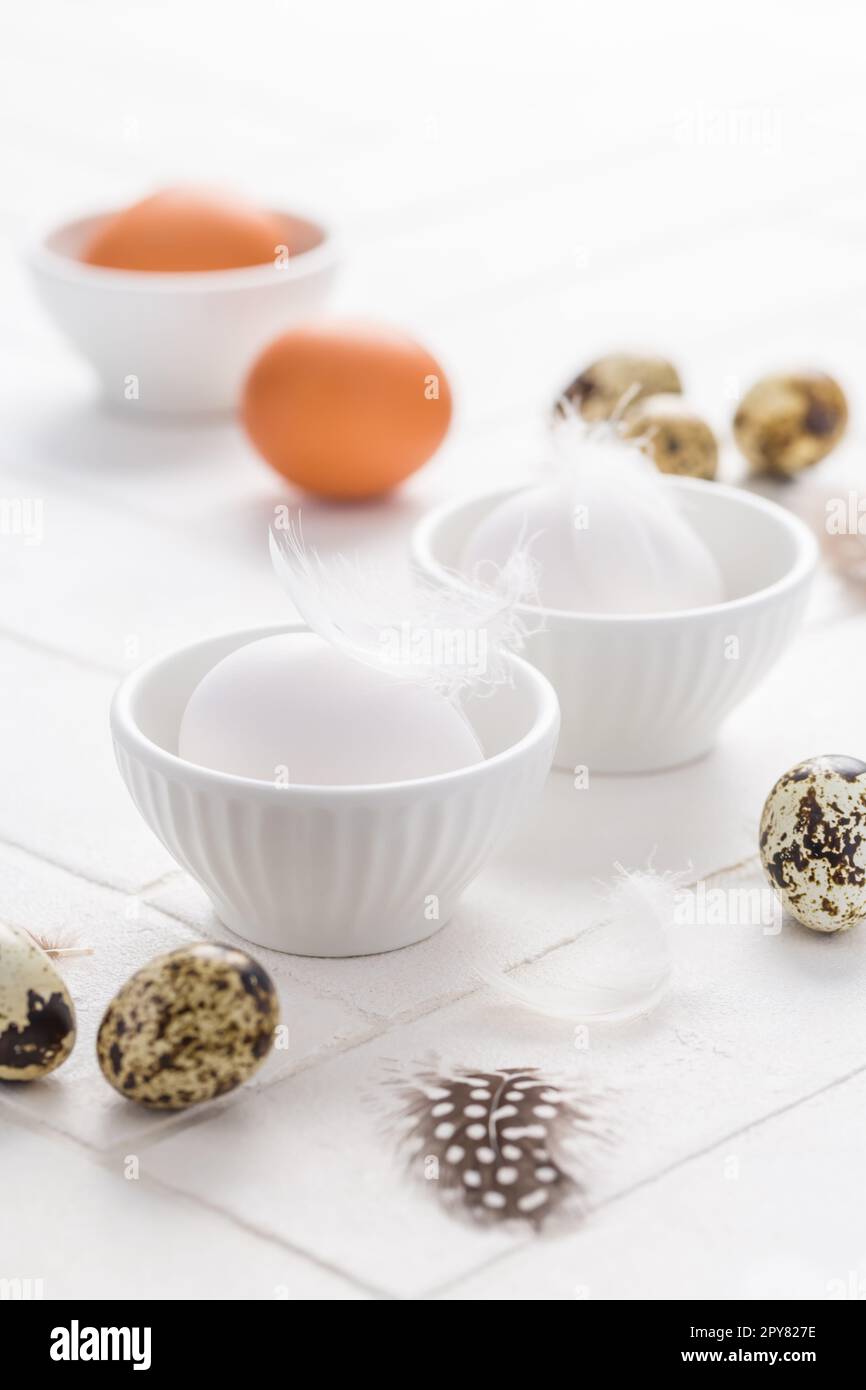 Different eggs with feathers for Easter on white background Stock Photo