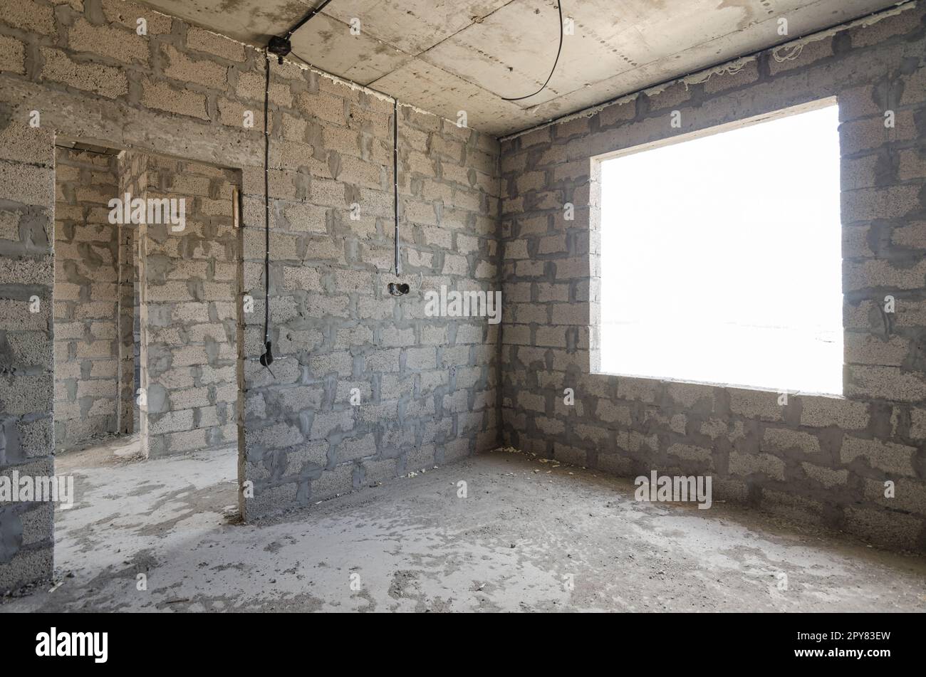 Construction of an individual residential building, view of two walls